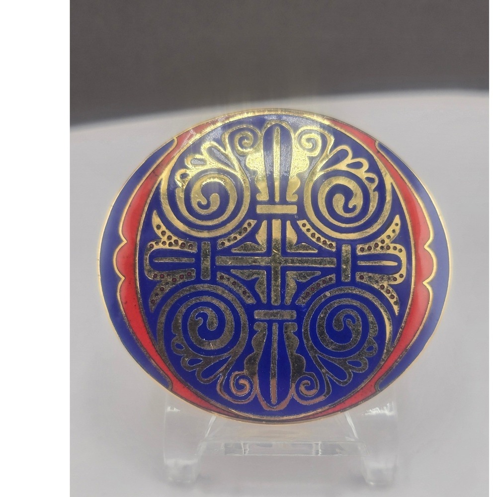 Vintage MMA Brooch Pendant Blue Red Enamel Celtic Scroll Gold Tone Round 1.75in